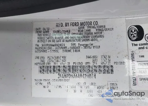 2010 Ford Fusion Se from USA, damaged, VIN 3FAHP0HA6AR424074